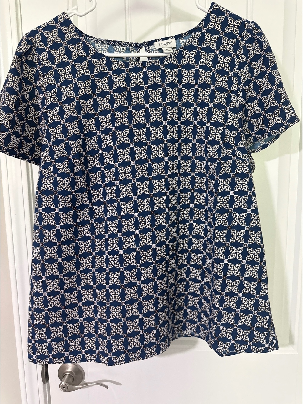 J.Crew Navy Blue and White Patterned Short Sleeve Blouse Size 2